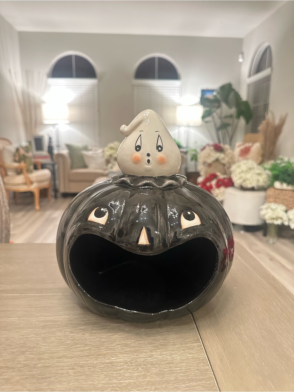 Black Ceramic Pumpkin with Cream Ghost Topper - Home Art Ceramics